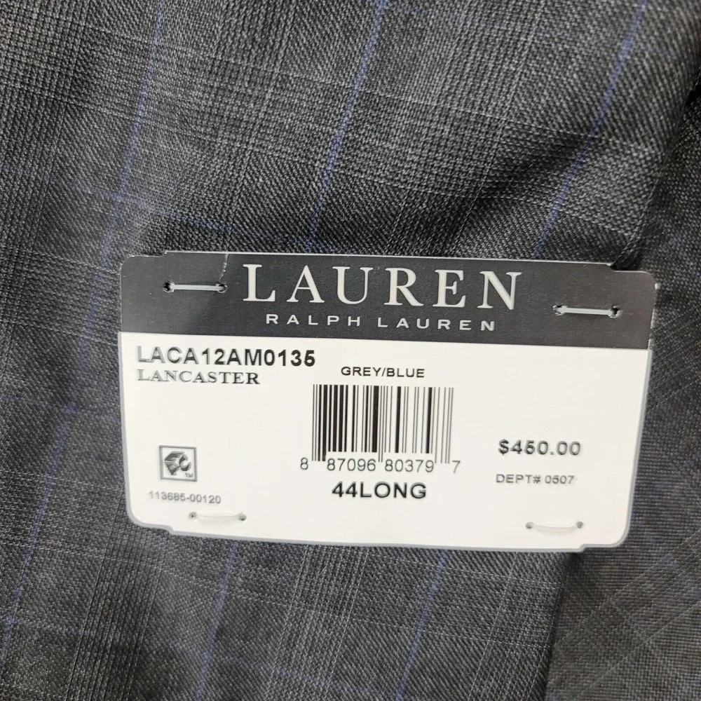 Lauren Ralph Lauren Wool Suit Jacket Mens 44L 44 Grey w/Blue‎ $450
